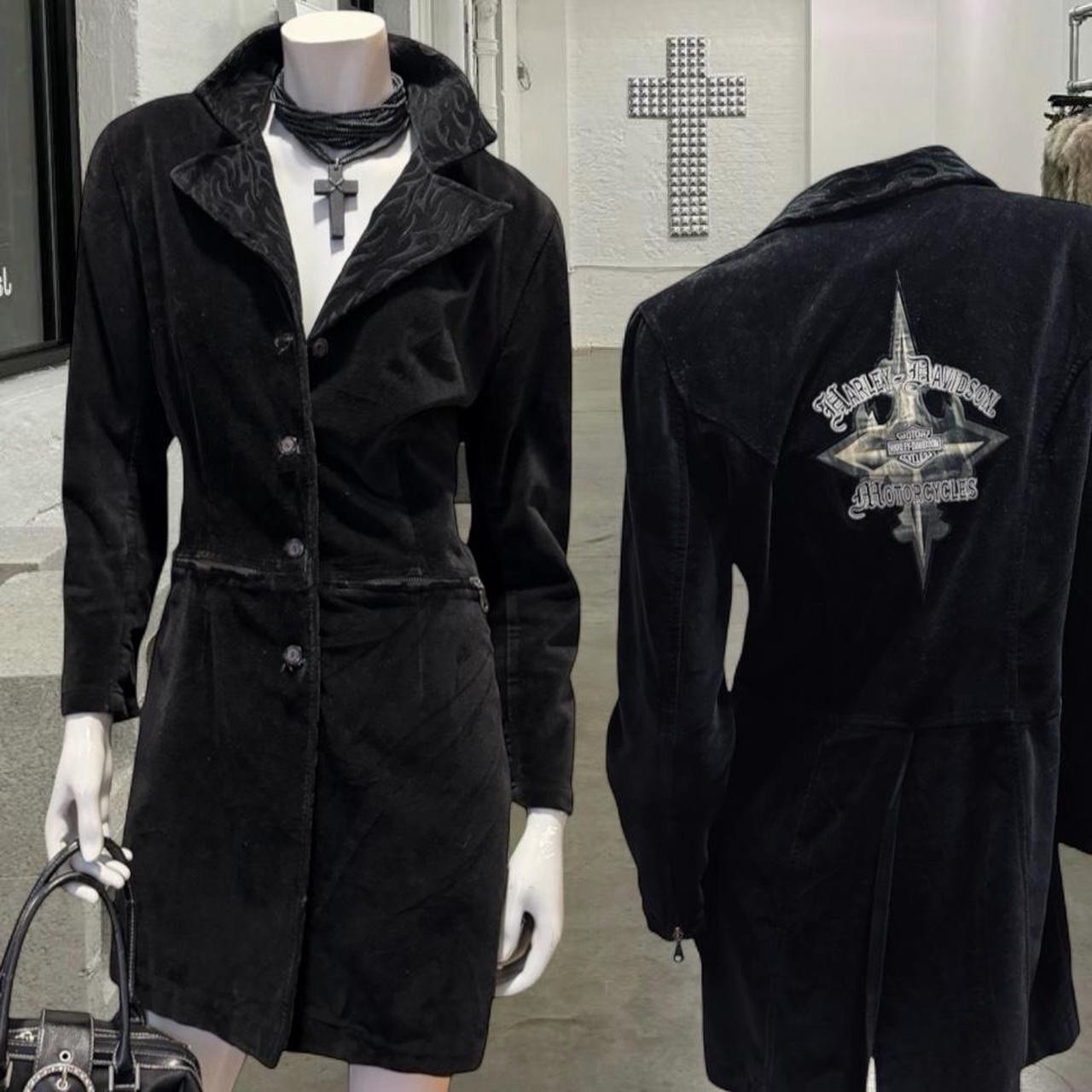 vintage Harley Davidson black velour long trench jacket with embroidery