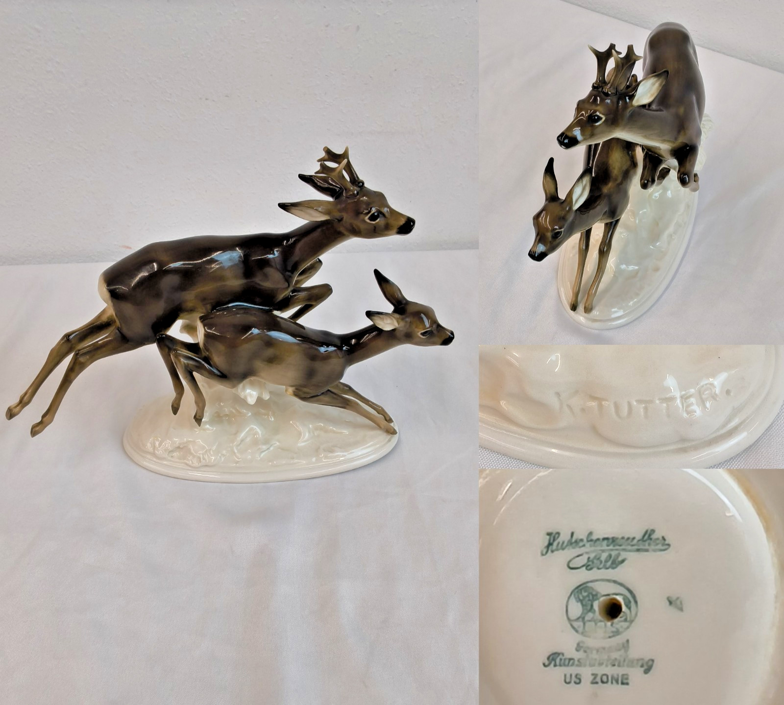 Hutschenreuther Selb Bavaria Porcelain Buck & Doe Figure Brown 10” Flawed #W5712