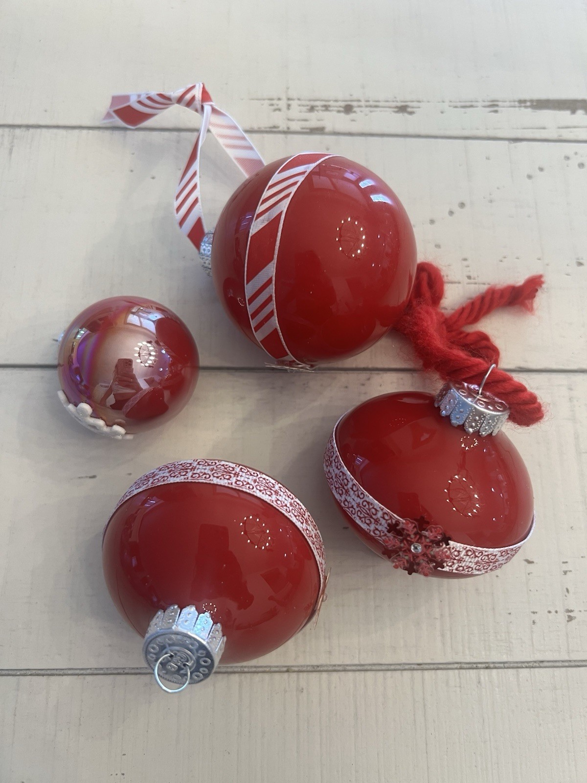 VTG Set of 4 Red Glass Christmas Ornaments Ribbon Trim Handmade Holiday Decor