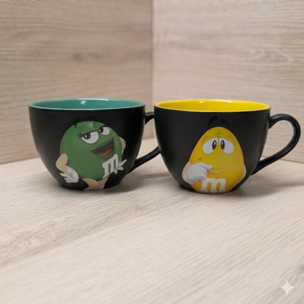 VTG Set of 2 M&M WORLD Ceramic Mugs Oversized 16oz M&M\'s 2013/2015 Yellow/ Green