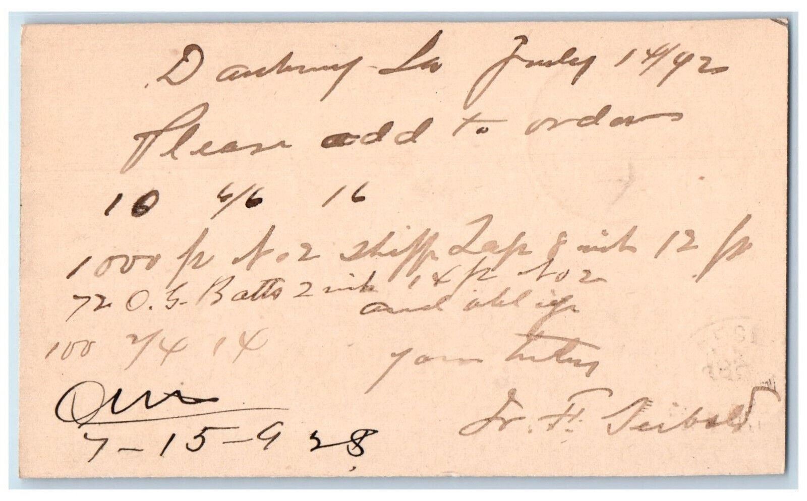1892 Please Add to Order WJ Young an Co Danbury IA Clinton Iowa IA Postal Card 1892 Please Add to Order WJ Young an Co Danbury IA Clinton Iowa IA Postal Card