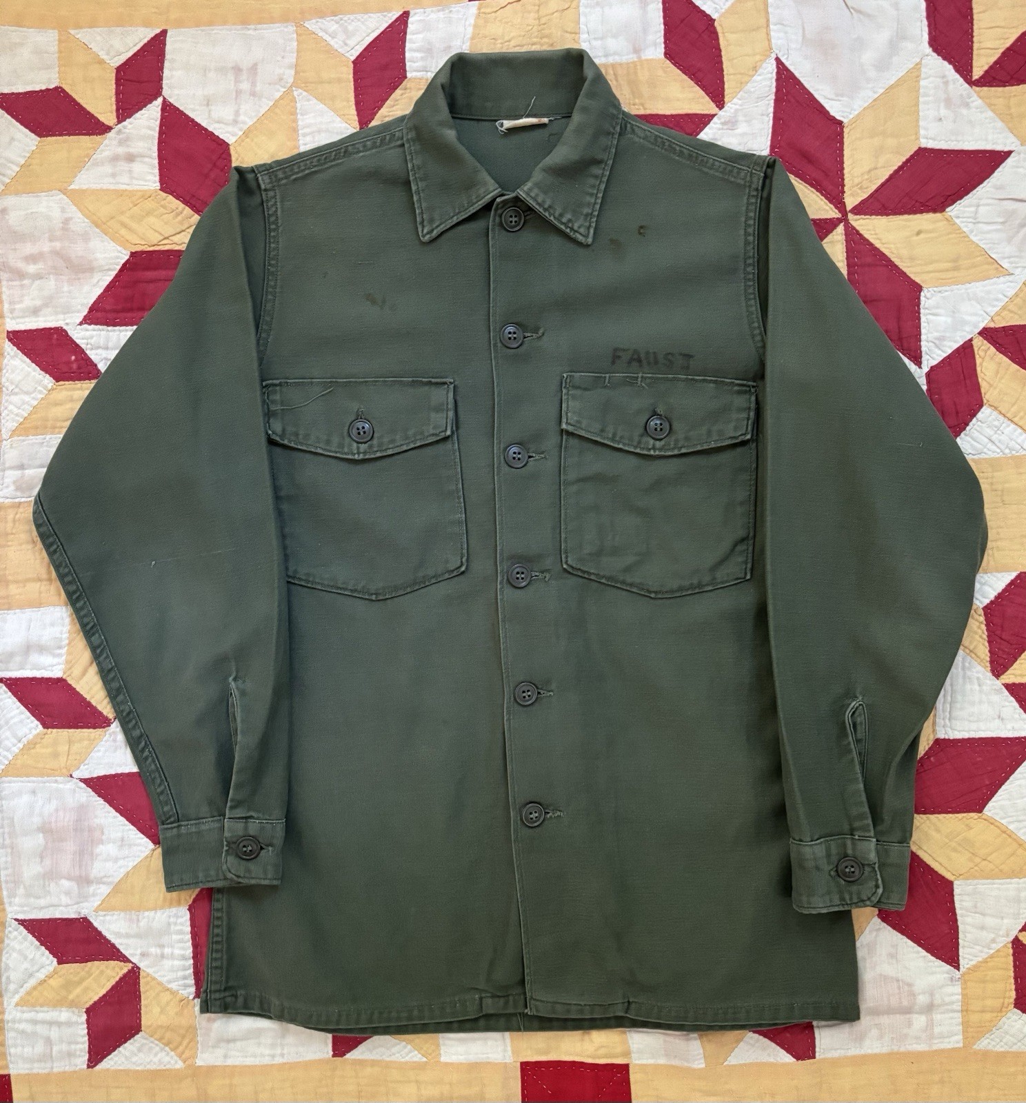 Vintage 60s US Army OG 107 Utility Shirt Named Vietnam War AS IS