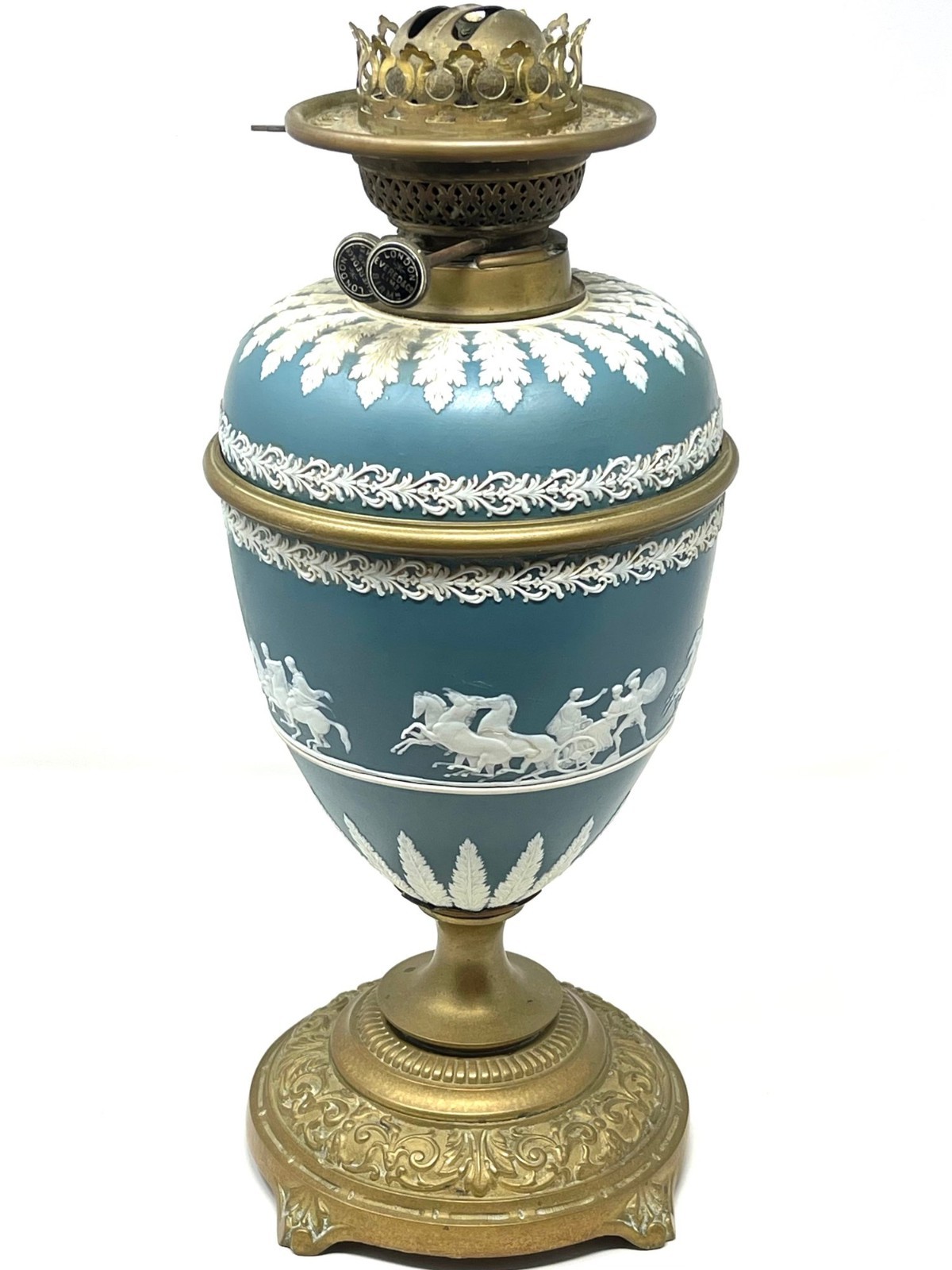 Antique Wedgwood Blue Jasperware Oil Kerosene Lamp W/ Brass Evered Burner 1900\'s