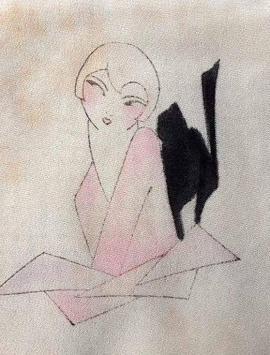Antique 1920s Art Deco Hand Painted Silk Vanity Mat Flapper & Black Cat Padded Antique 1920s Art Deco Hand Painted Silk Vanity Mat Flapper & Black Cat Padded