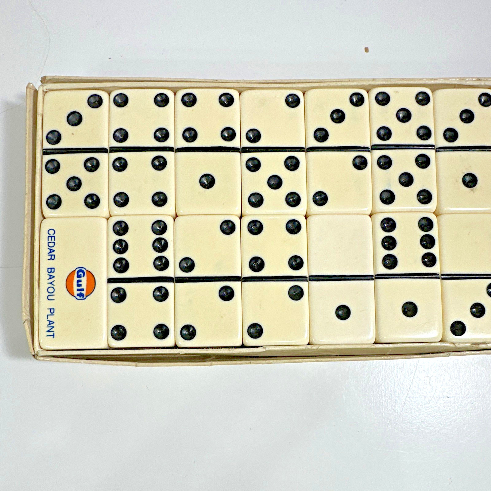 VTG Set of Gulf Oil Logo Cedar Bayou Plant Dominoes 28 Total w/ Box VTG Set of Gulf Oil Logo Cedar Bayou Plant Dominoes 28 Total w/ Box