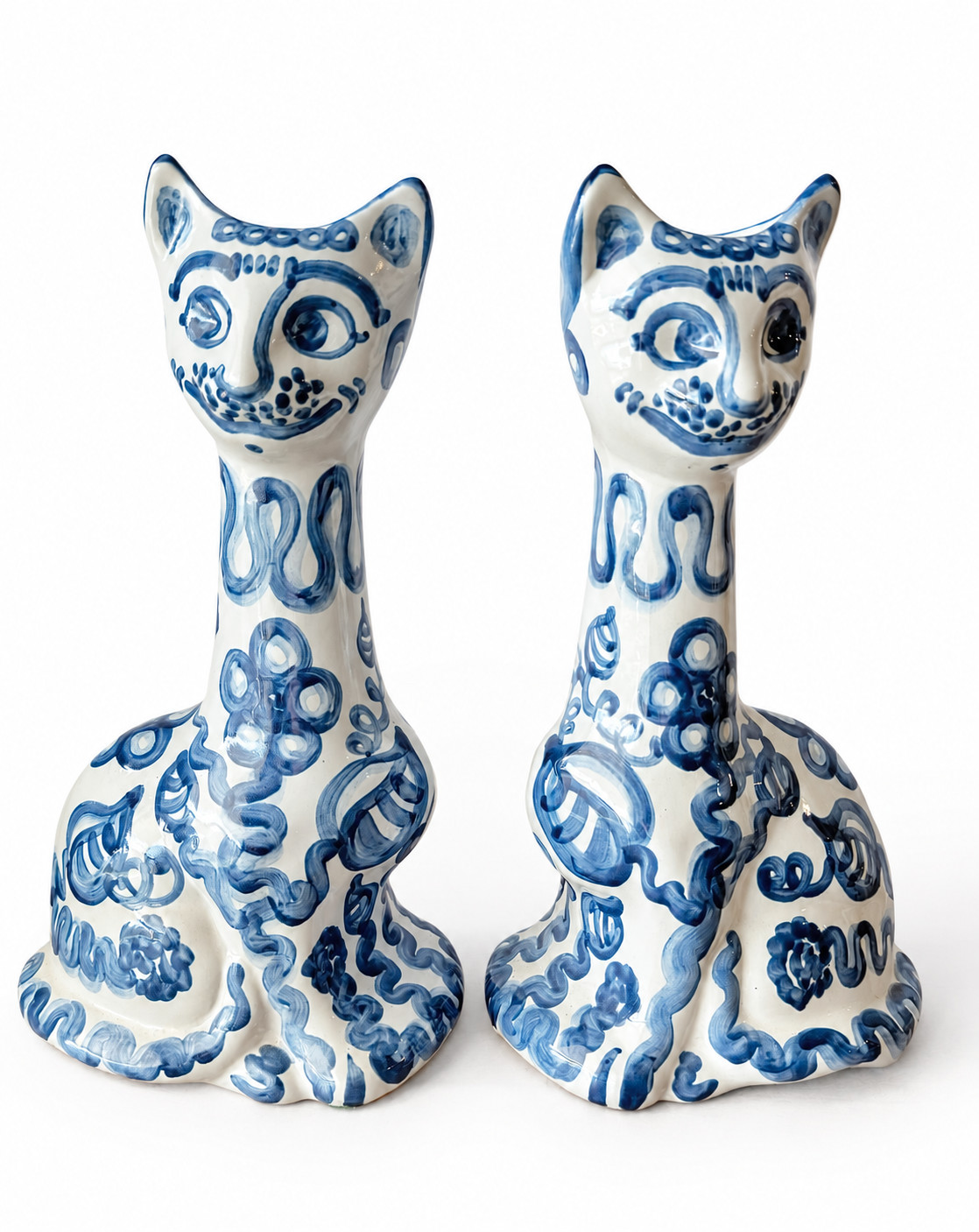 Vintage Pair MA Hadley Pottery 14.5” Tall Cat Vases Blue Hand Painted Stoneware Vintage Pair MA Hadley Pottery 14.5” Tall Cat Vases Blue Hand Painted Stoneware