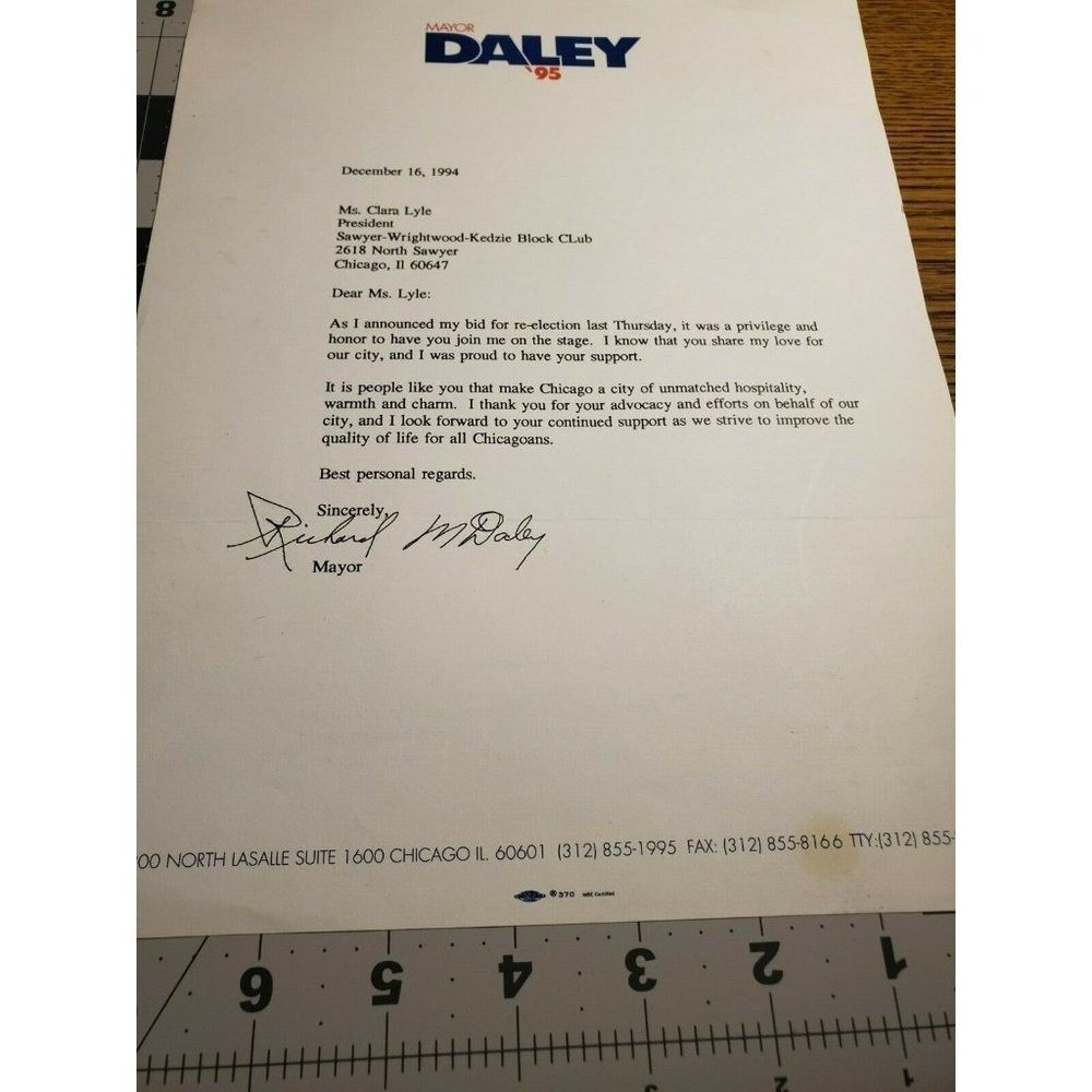 Richard M. Daley hand signed letter on Daley '95