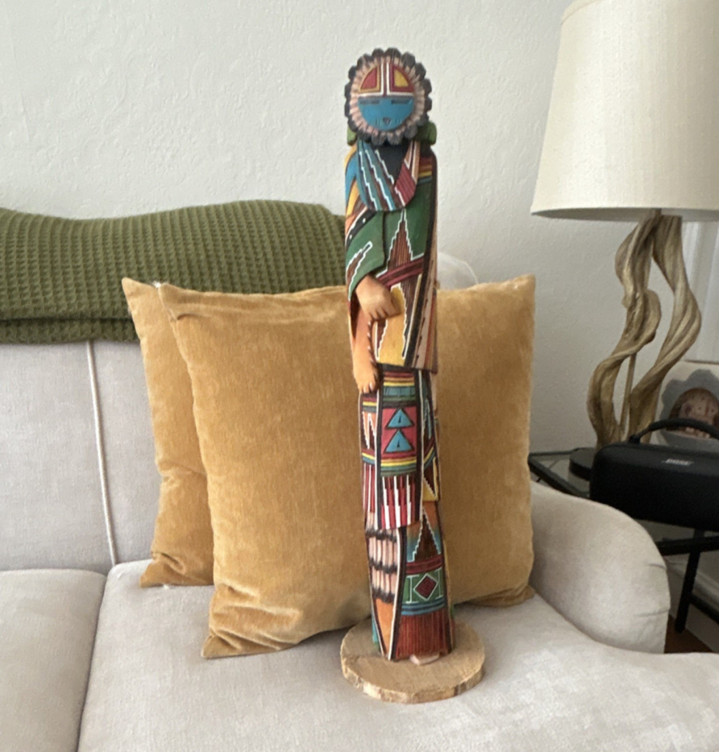 Hand-Painted Wooden Native American Figure Sculpture, Signed, Multicolor Hand-Painted Wooden Native American Figure Sculpture, Signed, Multicolor