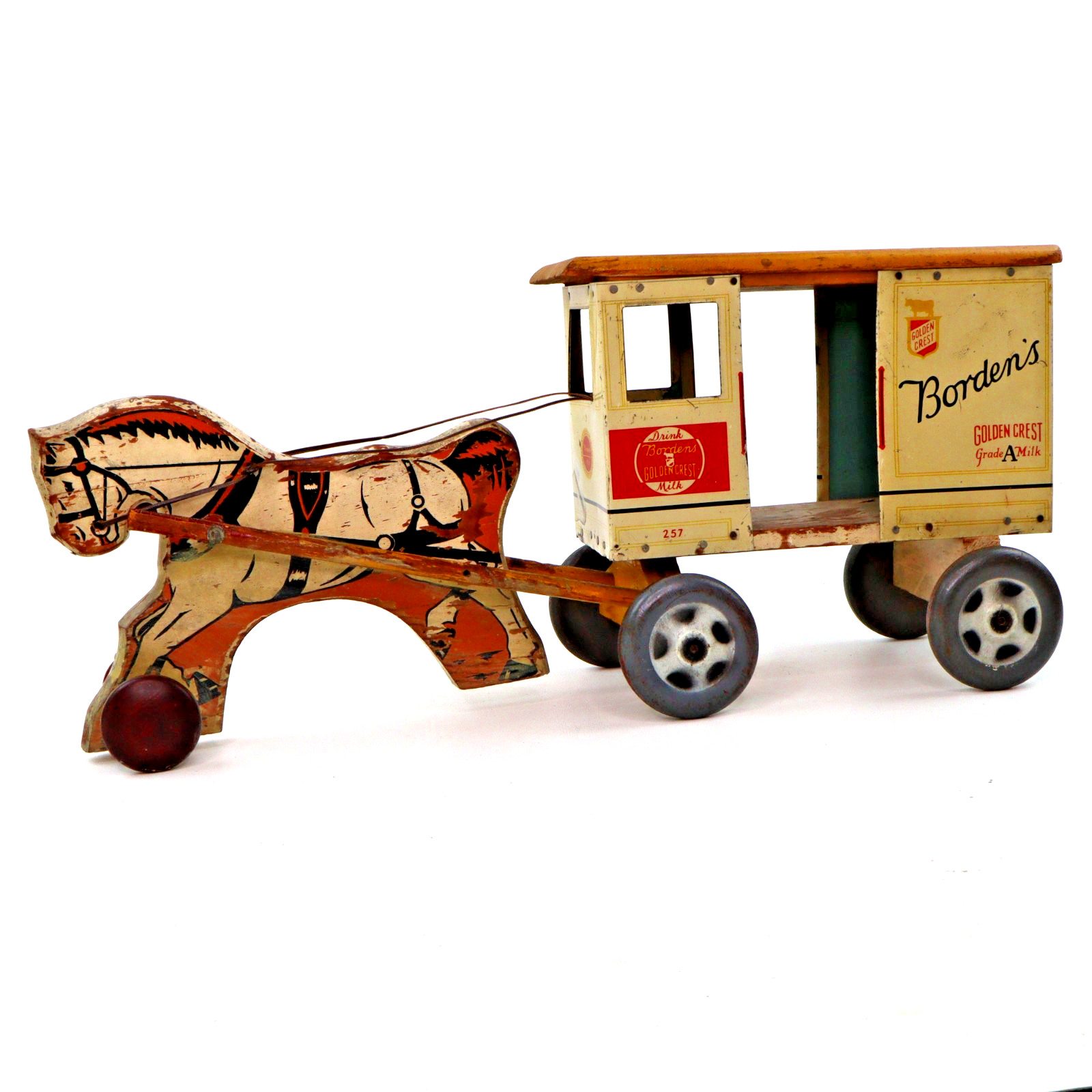 Vintage Rich Toys Borden\'s Golden Crest Milk Wagon #257 Horse Pull Toy 1950s