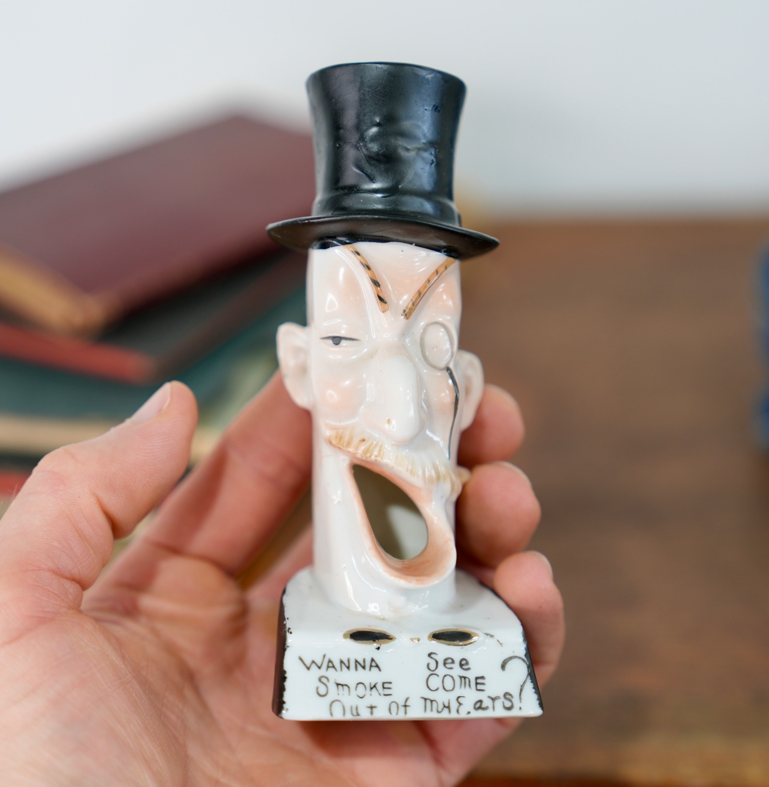 1930s Vintage Japan Ceramic Novelty Man Smoking Head Open Mouth Ashtray Top Hat