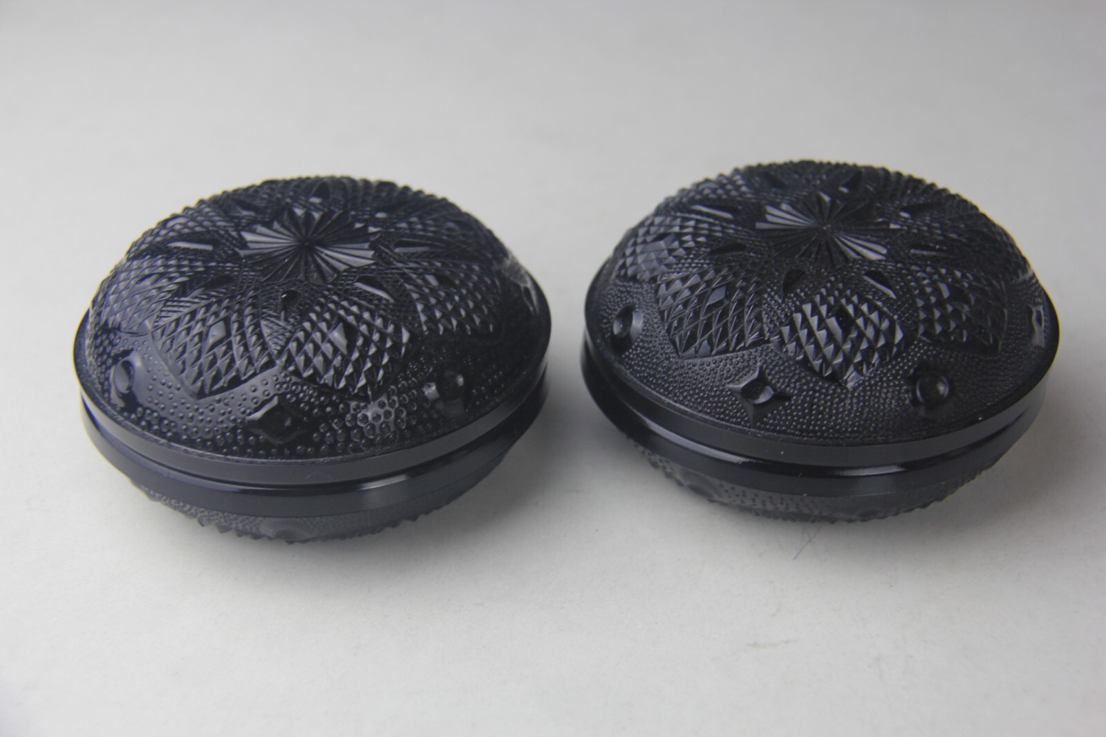 Pair of Vintage Czech Hand Made Black Cut Glass Trinket Boxes