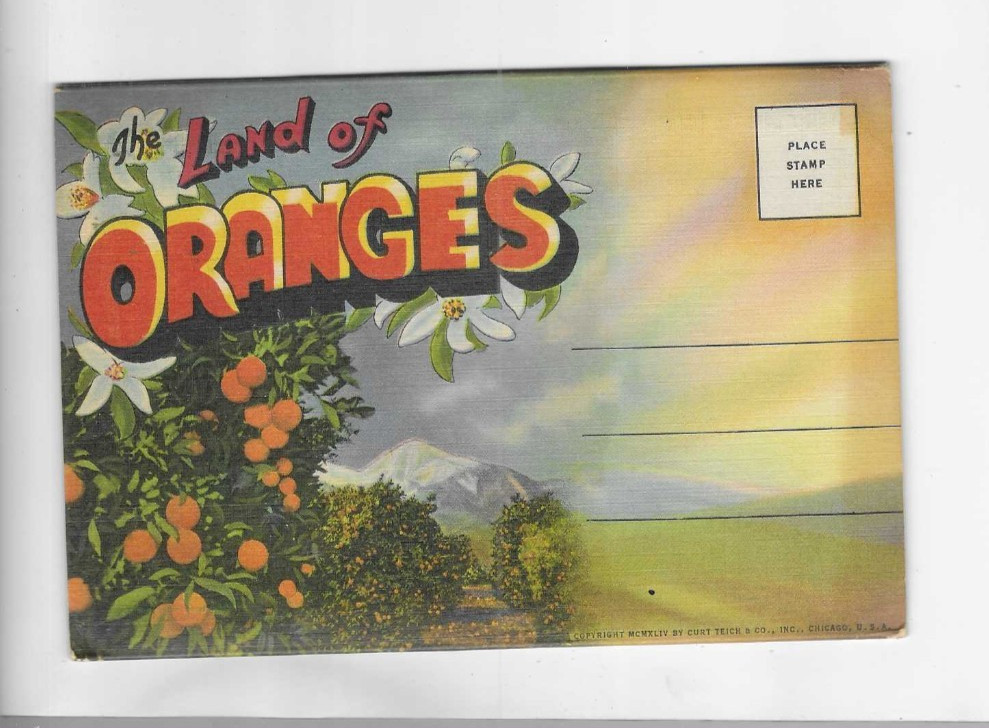 VINTAGE-POSTCARD FOLDER-THE LAND OF ORANGES-CALIFORNIA VINTAGE-POSTCARD FOLDER-THE LAND OF ORANGES-CALIFORNIA