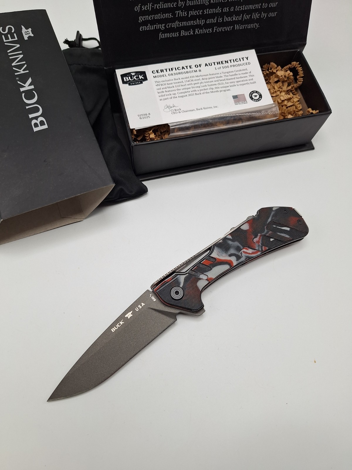 Buck AUGUST 2025 BOTM MARKSMAN 830 154CM RED/BLACK/WHITE G10.  0830 110 112
