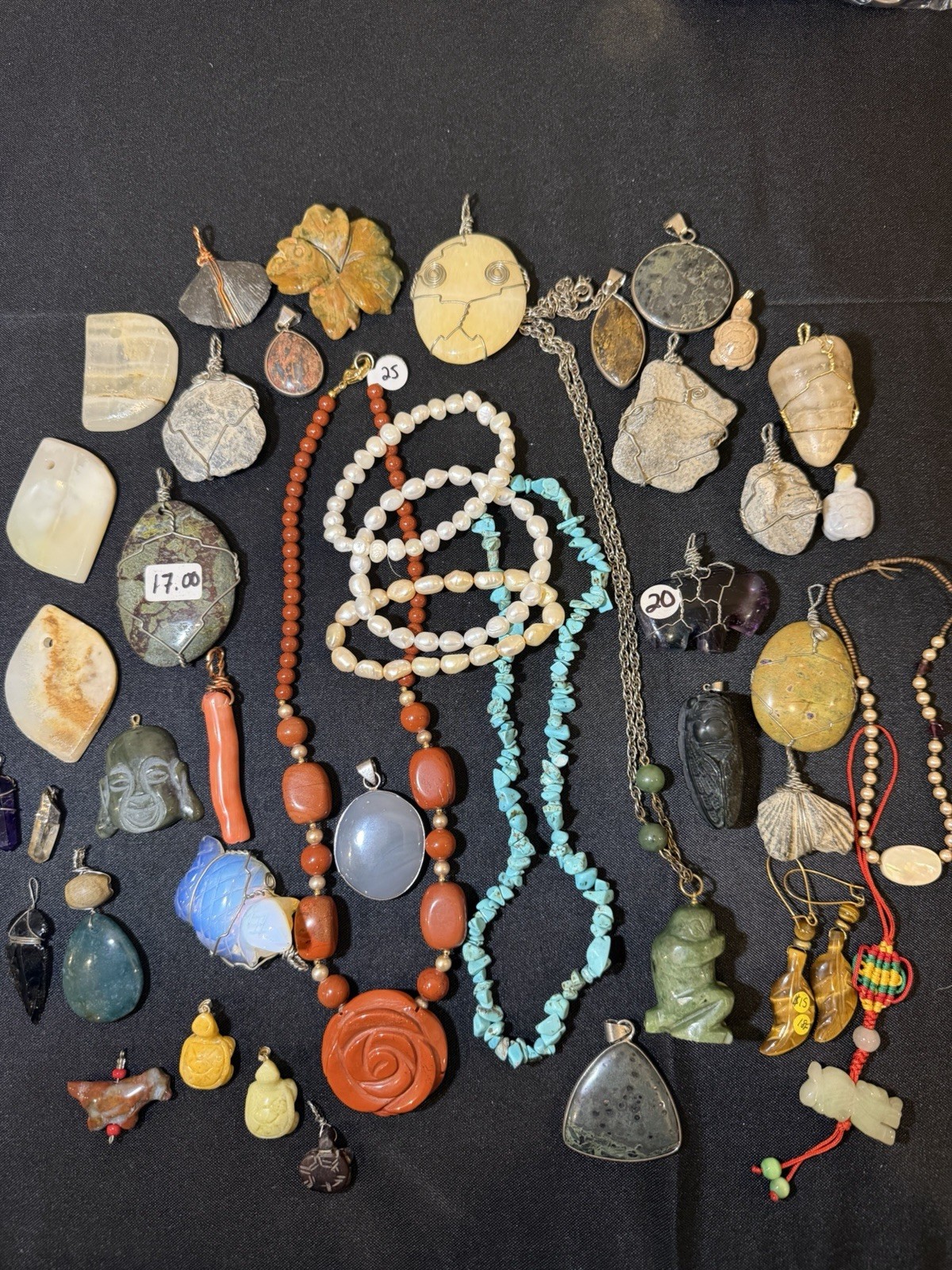 Lot Of Carved Stone, Wire Wrapped, Pearl, Stone, And Gemstone Jewelry Lot Of Carved Stone, Wire Wrapped, Pearl, Stone, And Gemstone Jewelry