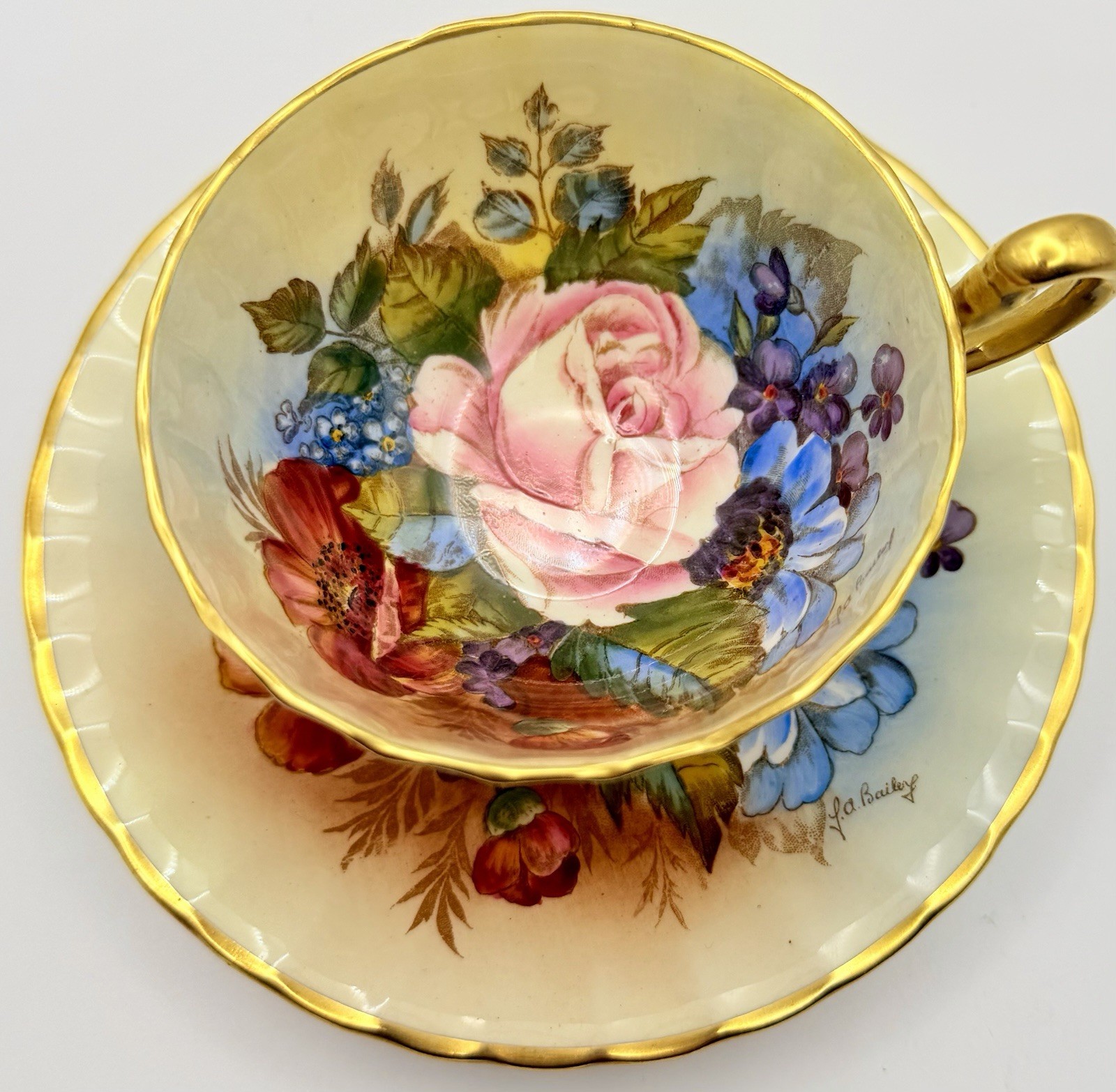 Vintage Aynsley England Bailey Cabbage Rose Signed Cup & Saucer; Teacup Vintage Aynsley England Bailey Cabbage Rose Signed Cup & Saucer; Teacup