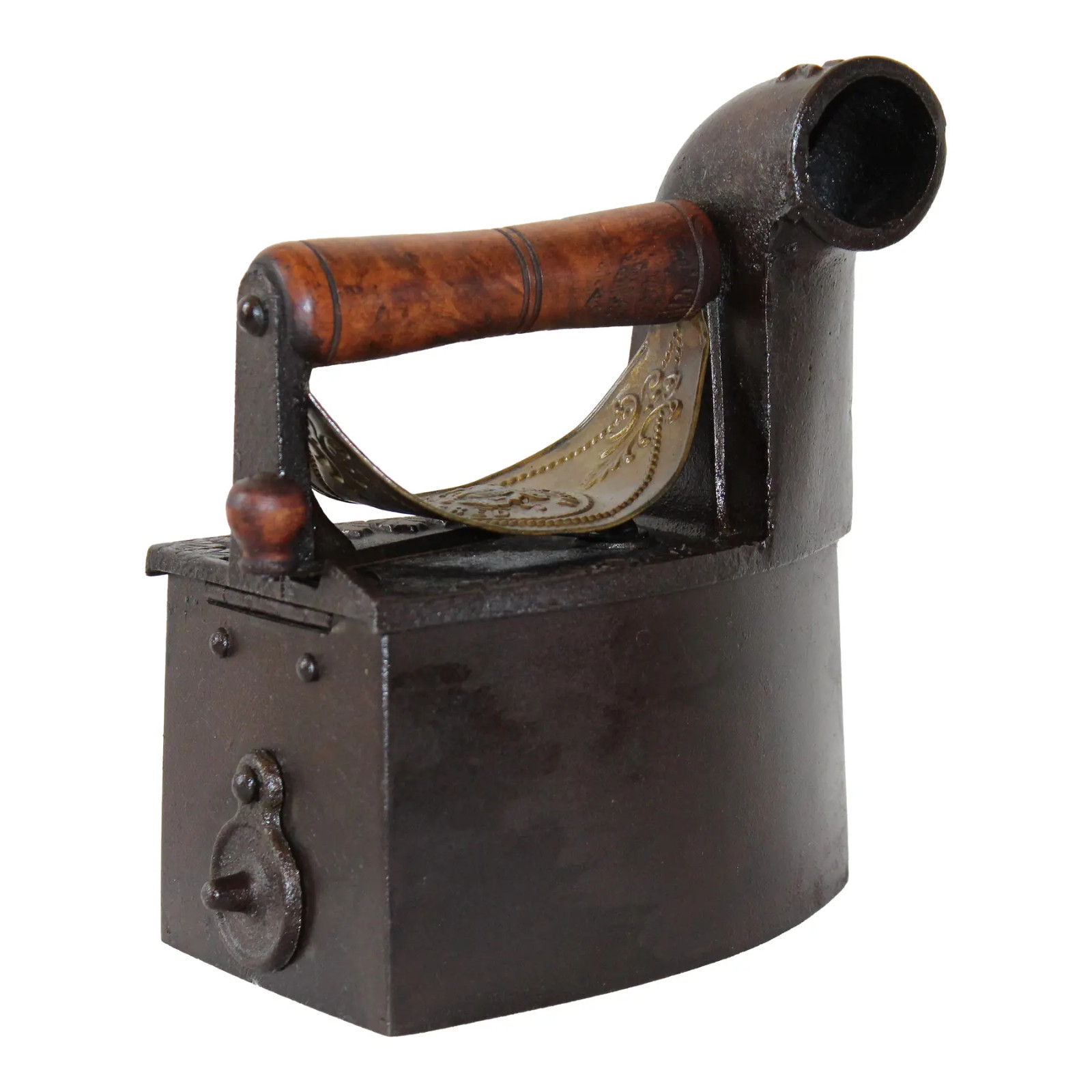 Antique Cast Iron Charcoal Box Iron with Wooden Handle | Early 20th Century