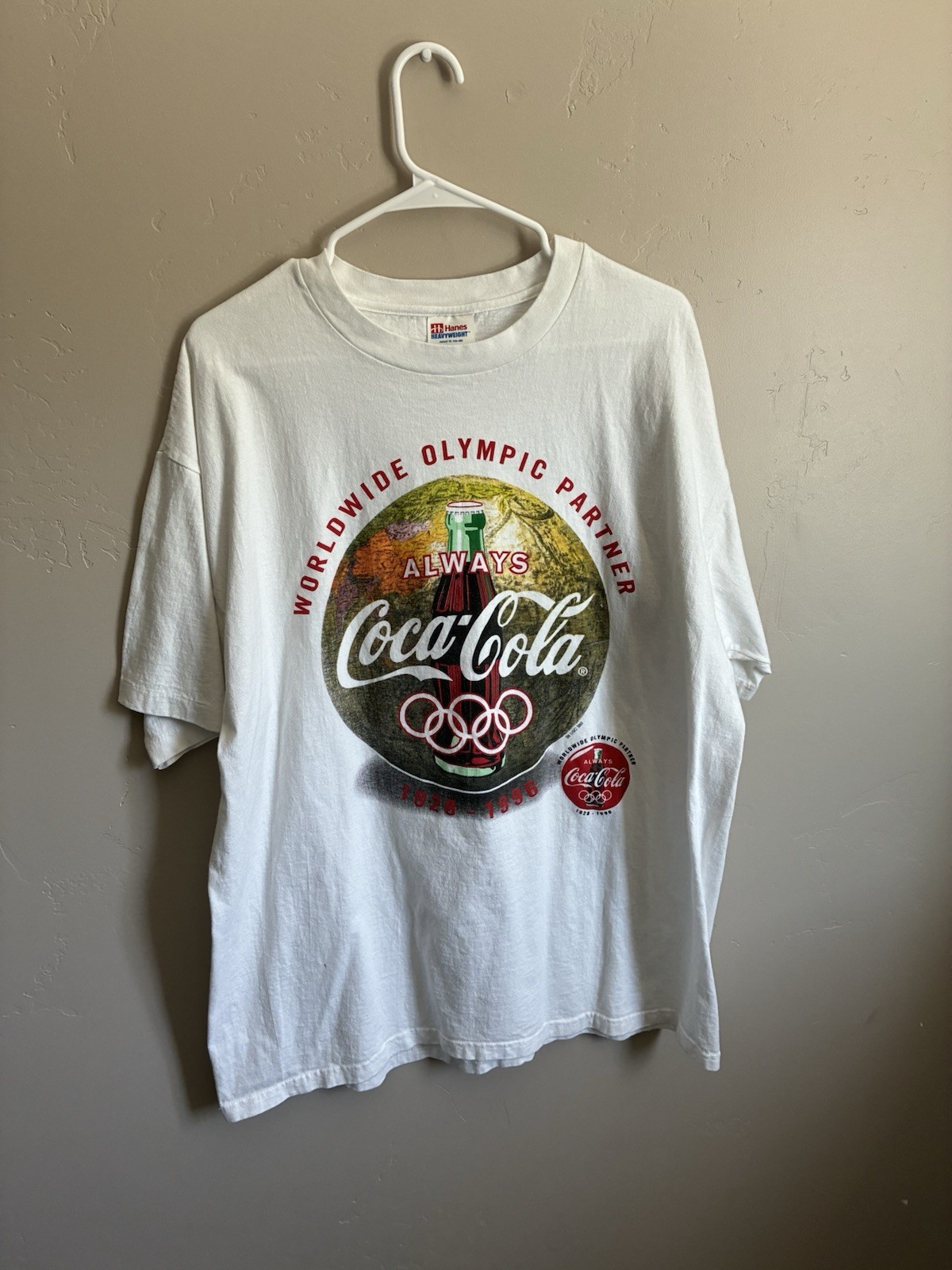 Vintage 1996 single stitch Coca-Cola Worldwide Olympic Partner Graphic White