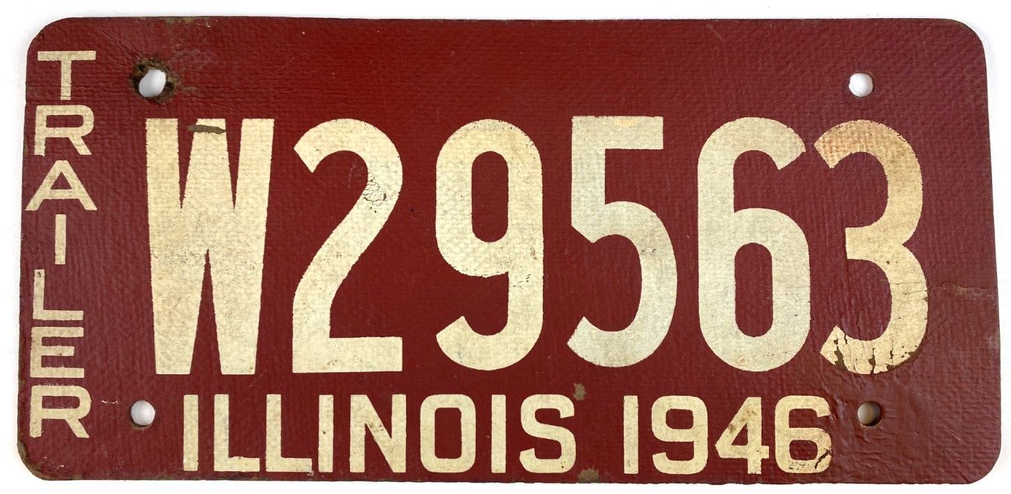 Vintage Illinois 1946 Trailer License Plate W 29563 Fiberboard Airstream Garage