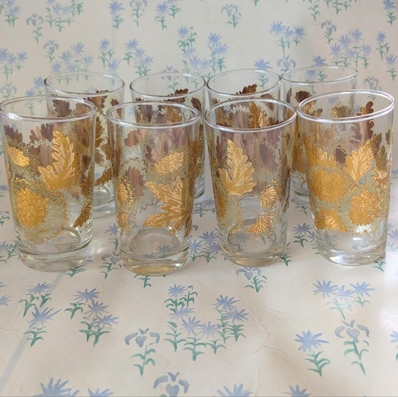 Set 8 Vintage 70s Bartlett Collins Pokee Chrysanthemum Glasses MCM Gold Floral Set 8 Vintage 70s Bartlett Collins Pokee Chrysanthemum Glasses MCM Gold Floral