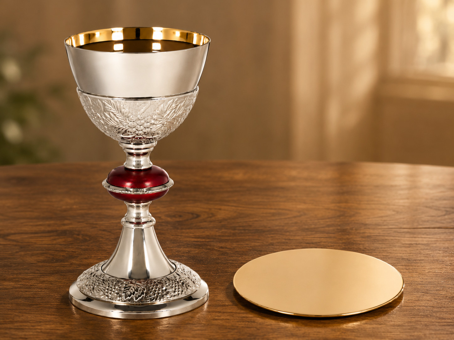 24KT Gold and Nickel Plated Brass Chalice Cup and Paten Set with Grape Pattern