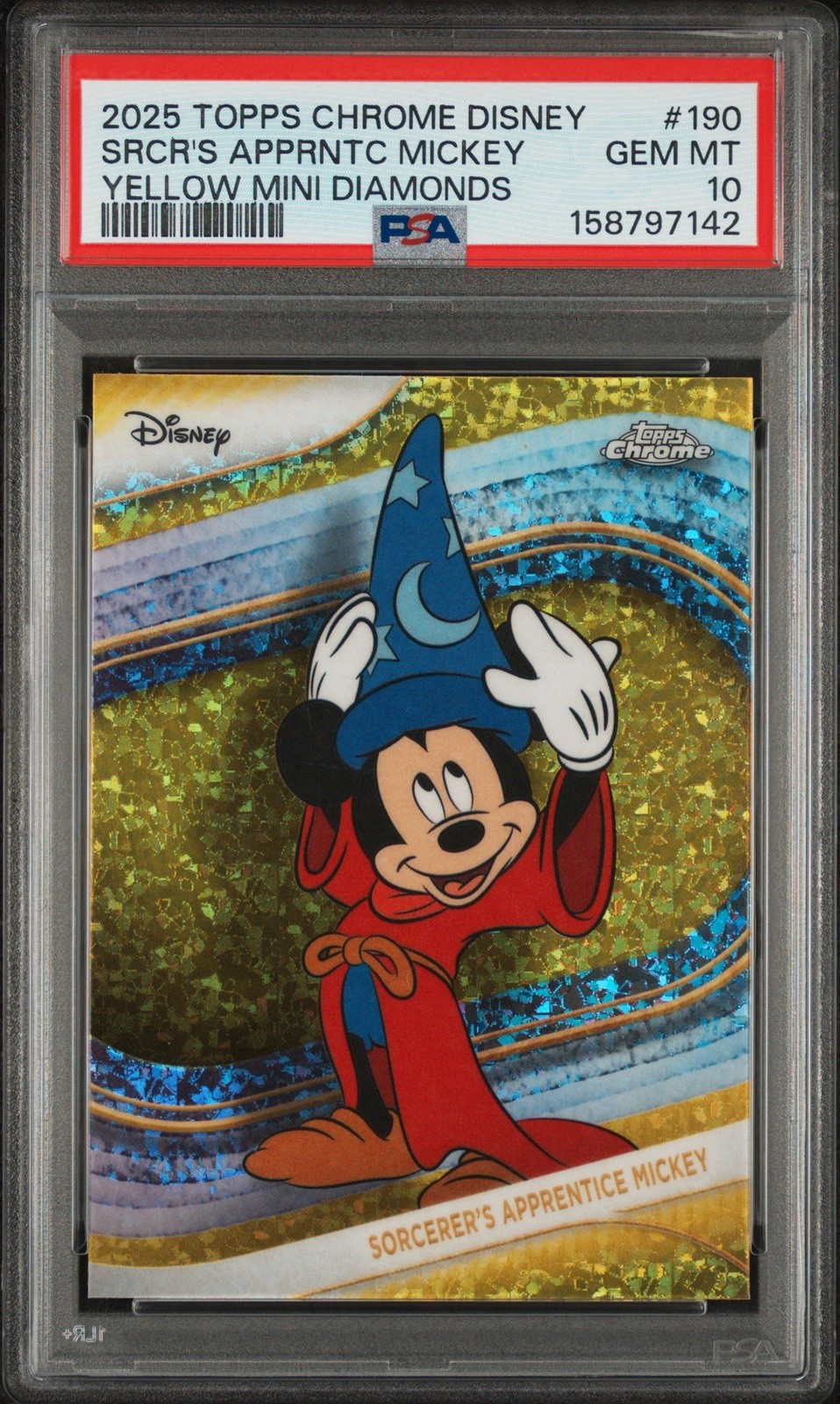 2025 TOPPS CHROME DISNEY YELLOW MINI DIAMONDS SORCERER APPRENTICE MICKEY PSA 10