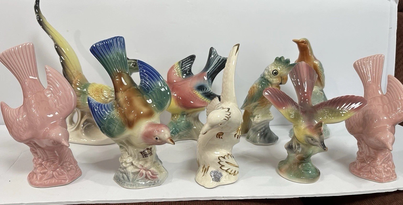 Vintage Mid Century Ceramic Bird Figurine Lot of 9 - Royal Copley Japan Style