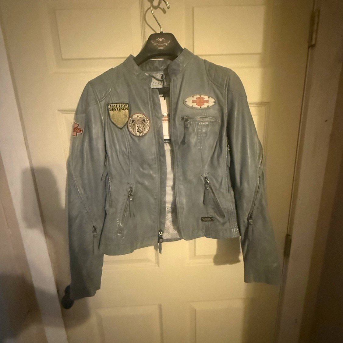Harley-Davidson Gray Leather Jacket with Patches & Zipper Pockets