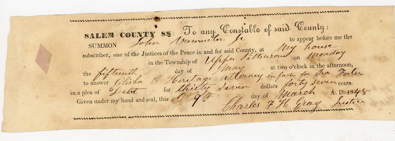 1848 Salem County NJ Court Summons Ira Foster vs John Vannote Jr  Pittsgrove