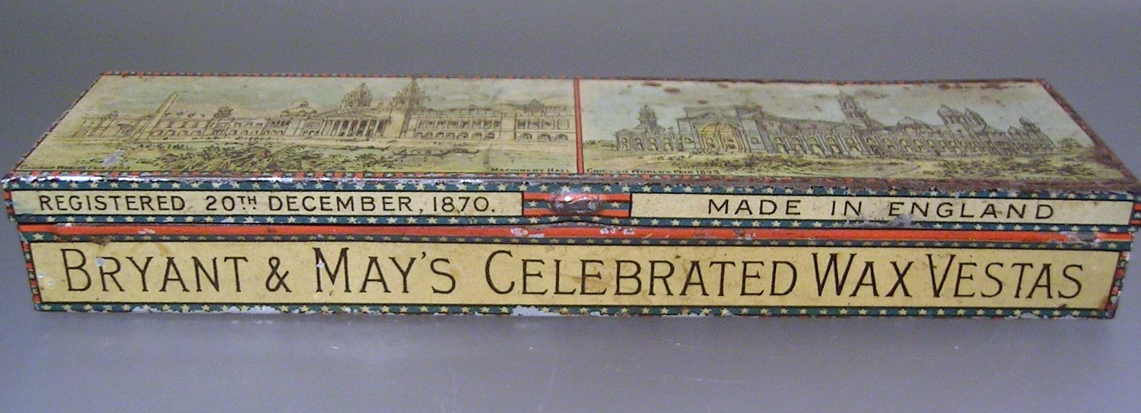 1893 Chicago World\'s Fair Tin Litho Wax Vesta Match Holder Bryant & Mays