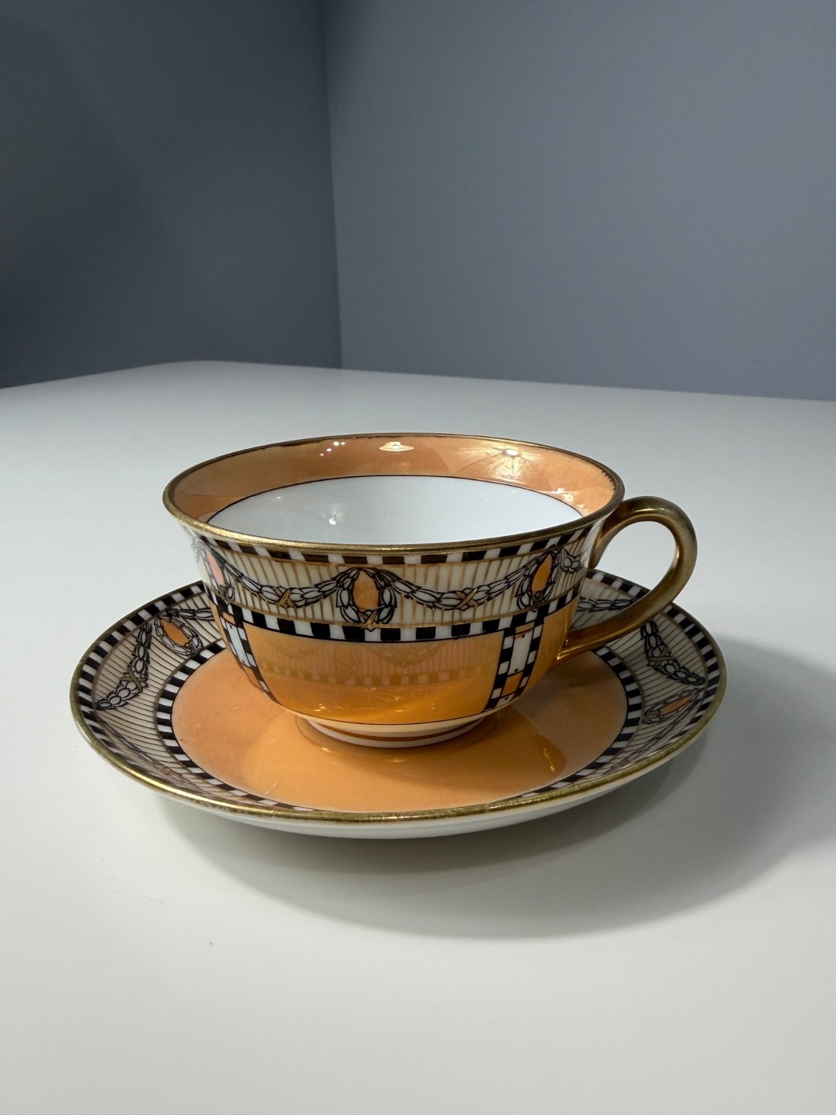 Antique Noritake M Wreath Art Deco Orange Luster Teacup & Saucer Japan 1920s