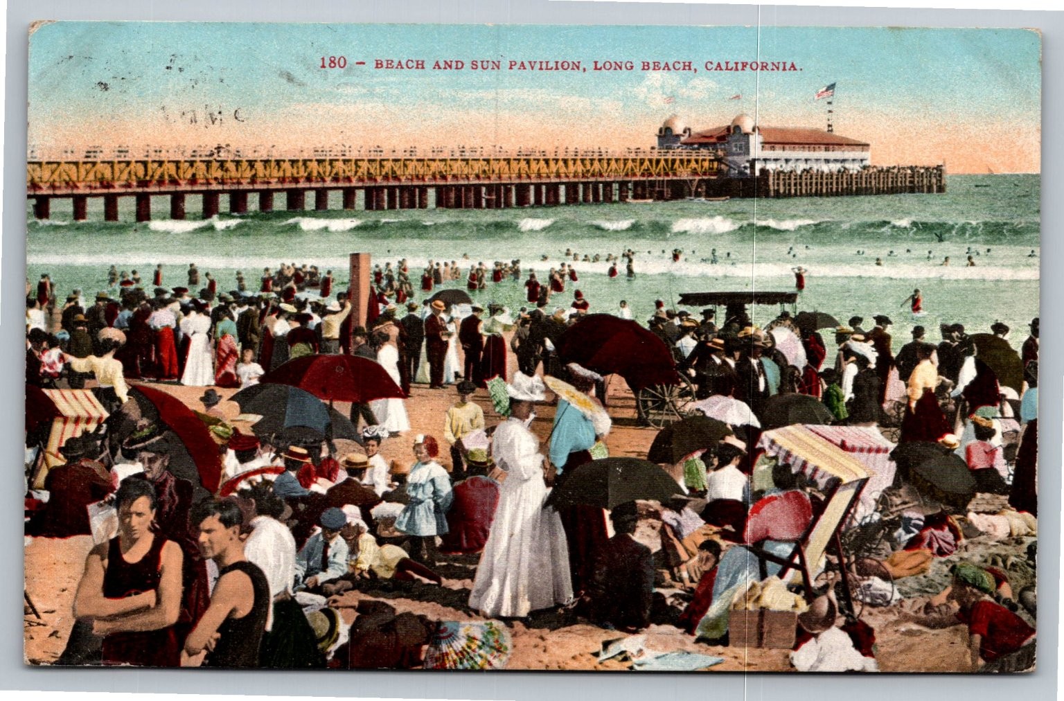 1908 Long Beach CA Beach & Sun Pavilion Pier Crowd Vintage Postcard Posted 1908 Long Beach CA Beach & Sun Pavilion Pier Crowd Vintage Postcard Posted