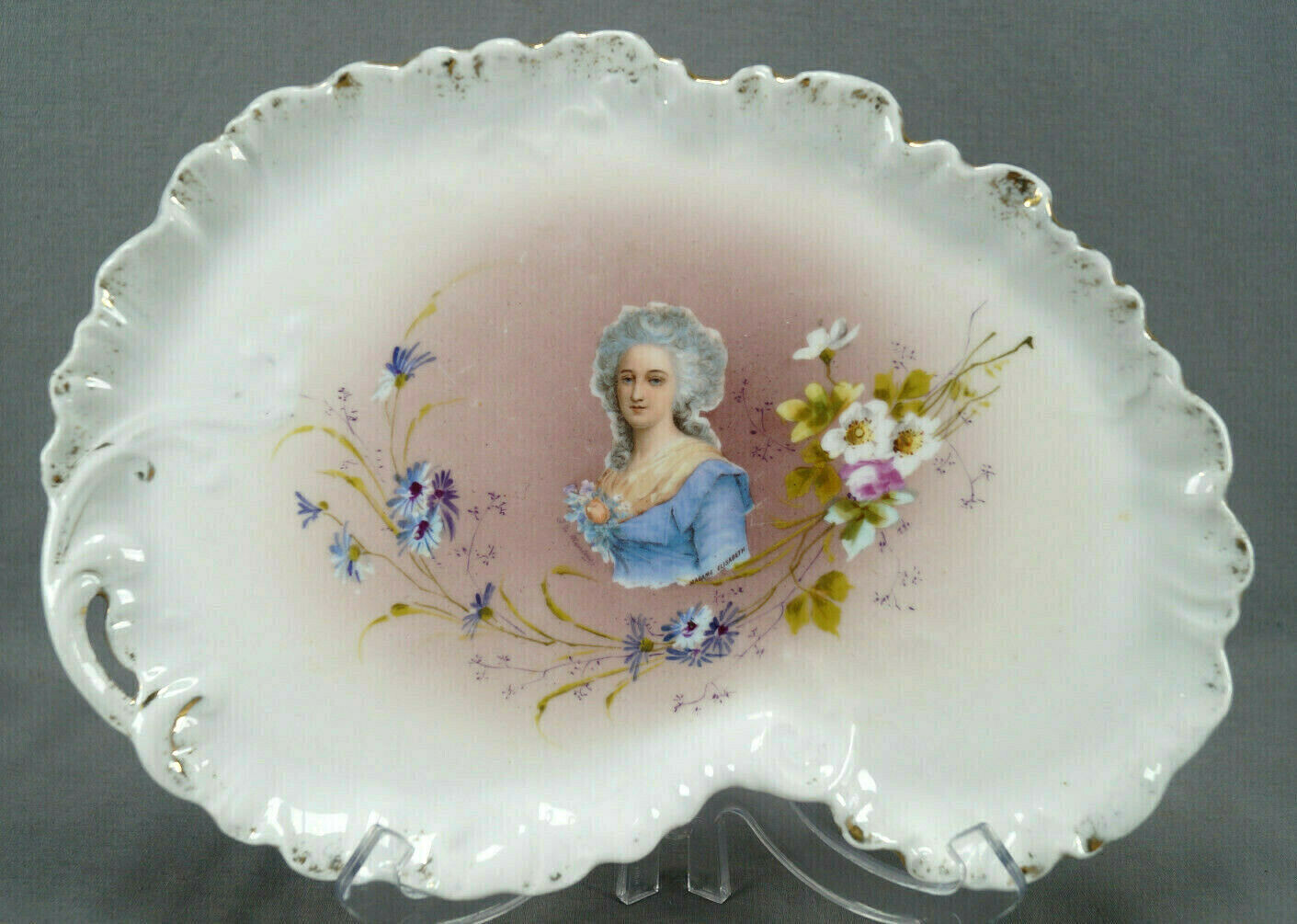 Guerin Limoges Madame Elisabeth Portrait Flowers & Gold Dresser Tray C.1900-1932 Guerin Limoges Madame Elisabeth Portrait Flowers & Gold Dresser Tray C.1900-1932