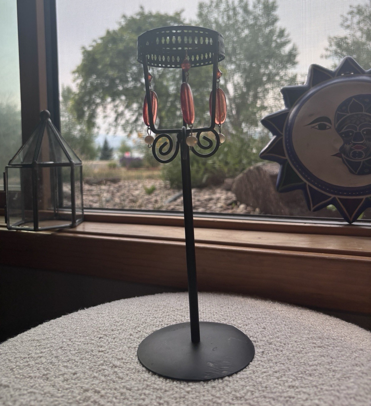 *VINTAGE* 90s Beaded Whimsigoth Candle Holder - Black Metal, Amber Beads 🕯️