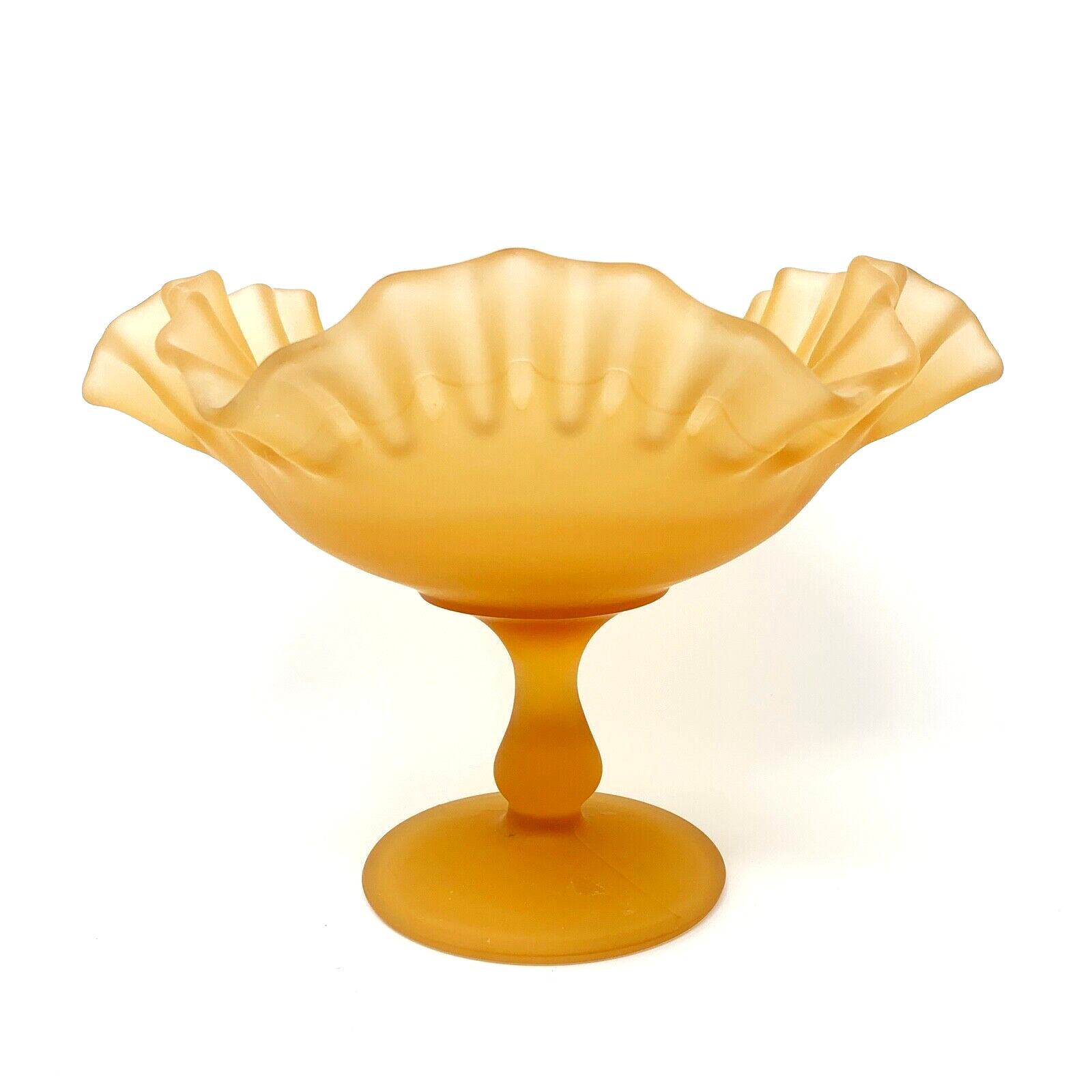 Peach Satin Glass Compote Ruffled Edge Footed Pedestal Bowl Candy Dish
