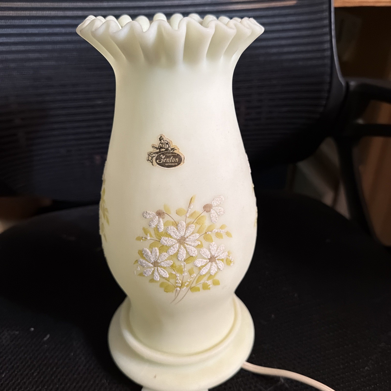Fenton 10.5 Daisies On Custard Hand Painted Hurricane Lamp Works and Glows UV 