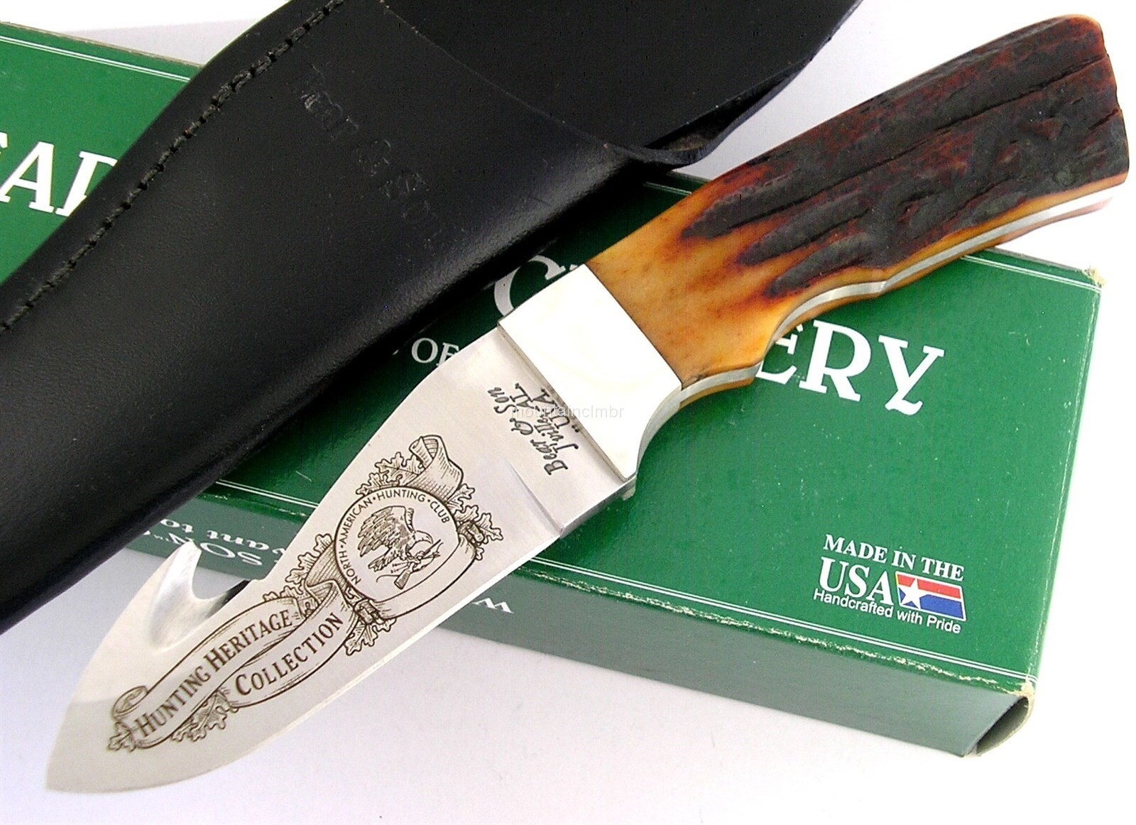 Bear & Son USA RARE YEAR 2000 NAHC Heritage Guthook Fixed Blade Stag Bone Knife Bear & Son USA RARE YEAR 2000 NAHC Heritage Guthook Fixed Blade Stag Bone Knife