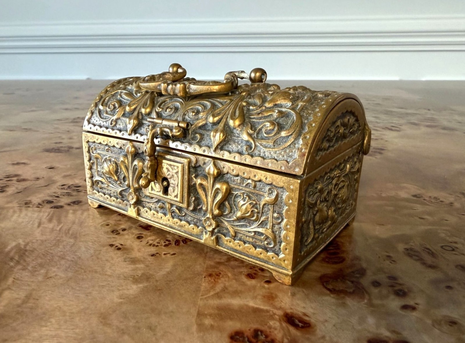 Vintage Art Nouveau Brass Casket Box with Red Velvet Interior Vintage Art Nouveau Brass Casket Box with Red Velvet Interior