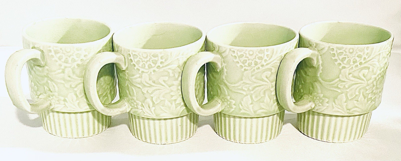 Vintage 1960s Stackable Flower Power Mugs Spring Green Ceramic Japan Lot of 4