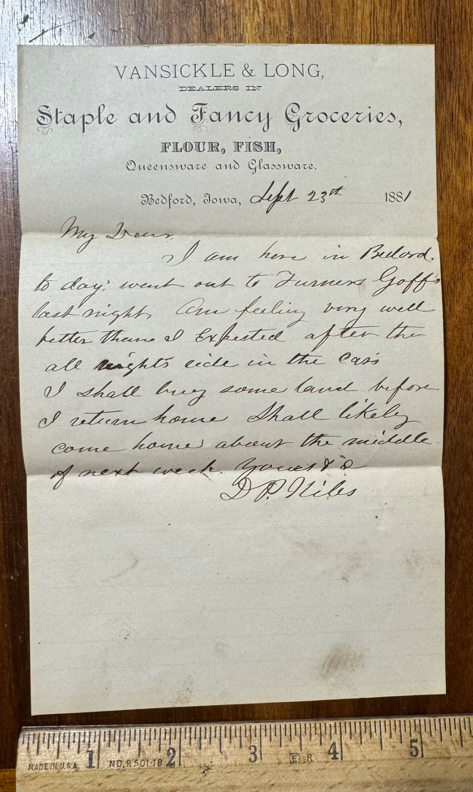 1881 letterhead Vansickle Long Staple Fancy Groceries Bedford IA 1881 letterhead Vansickle Long Staple Fancy Groceries Bedford IA