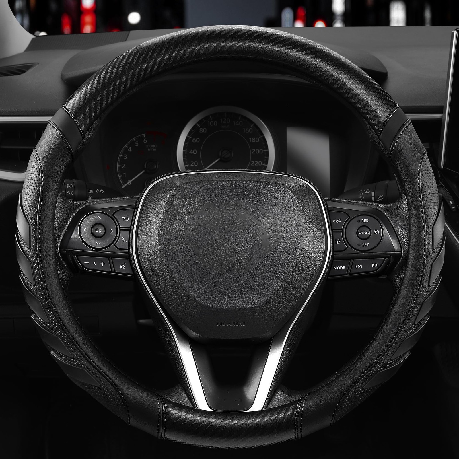Large Truck Steering Wheel Cover 15.516 Inch AntiSlip Carbon Fiber Leather Bla