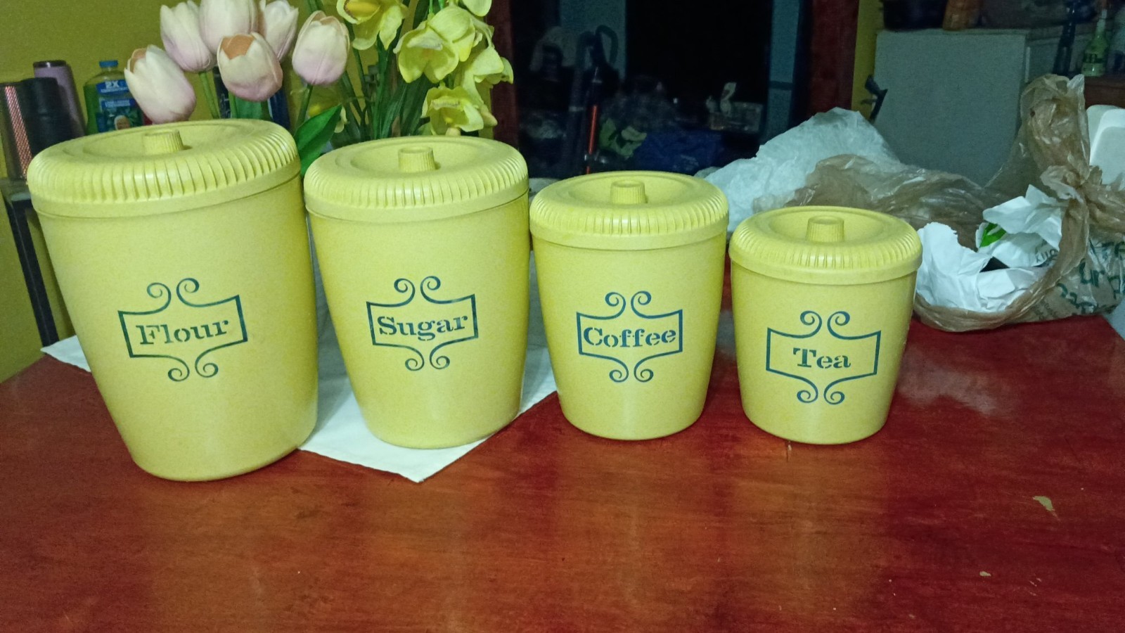 Vintage 1970s Yellow Plastic Canister Set Flour Sugar Coffee Tea 4pc Retro Vintage 1970s Yellow Plastic Canister Set Flour Sugar Coffee Tea 4pc Retro
