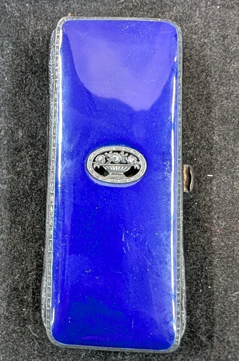 Antique Art Deco Blue Enamel Ladies Cigarette Case Leather Interior Basket Urn 