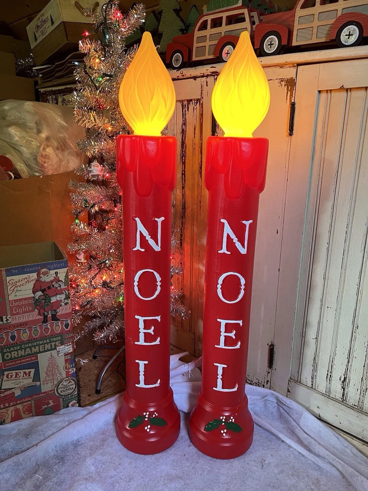 Blow Mold Noel Nostalgic Christmas Candles Union 39” Pair Yellow Flame Tops New Blow Mold Noel Nostalgic Christmas Candles Union 39” Pair Yellow Flame Tops New