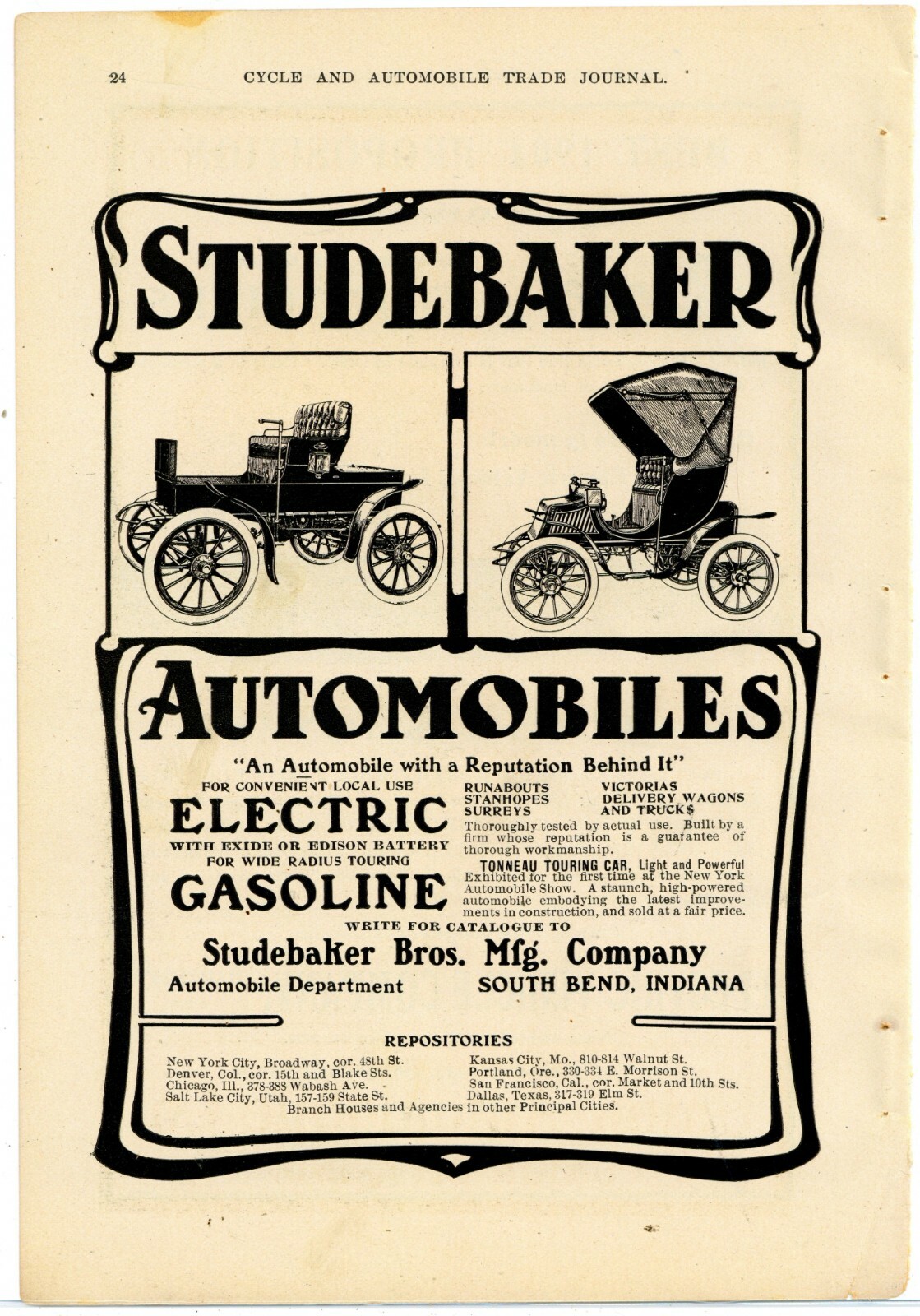 1904 Studebaker Automobiles Ad: Electric & Gasoline Model Pics - South Bend, IN