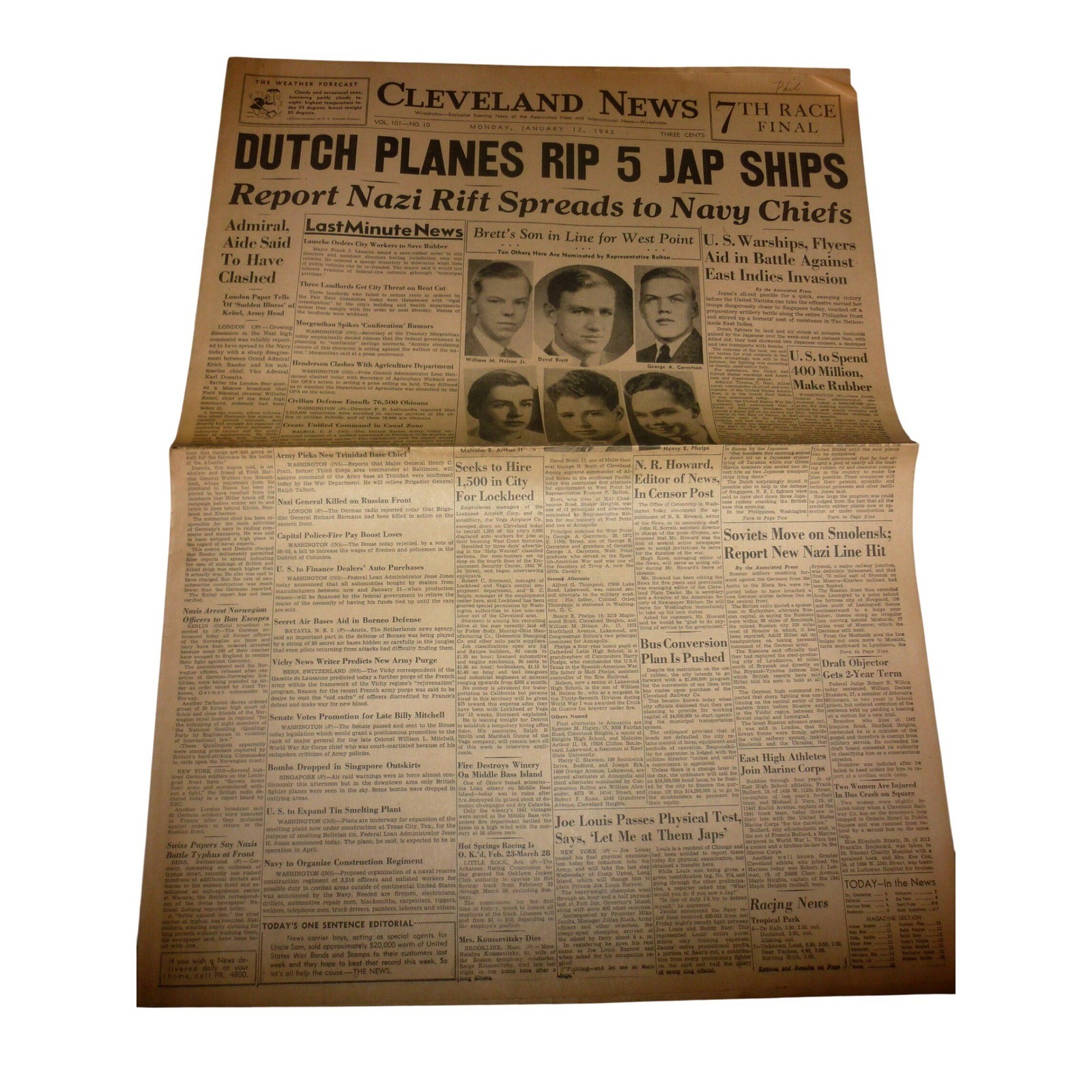Vintage Jan 12 1942 Cleveland News Newspaper WWII Dutch Air Victory Joe Louis Vintage Jan 12 1942 Cleveland News Newspaper WWII Dutch Air Victory Joe Louis