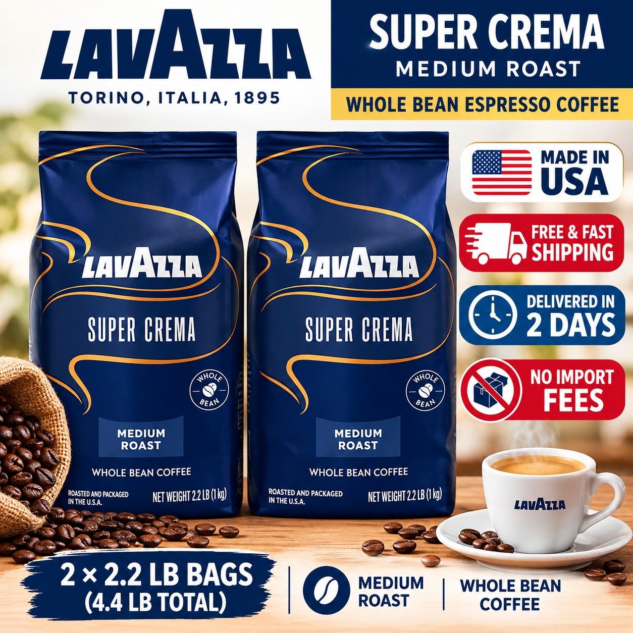 Lavazza Super Crema Medium Roast Whole Bean Espresso Coffee 2.2 lb 2 Pack