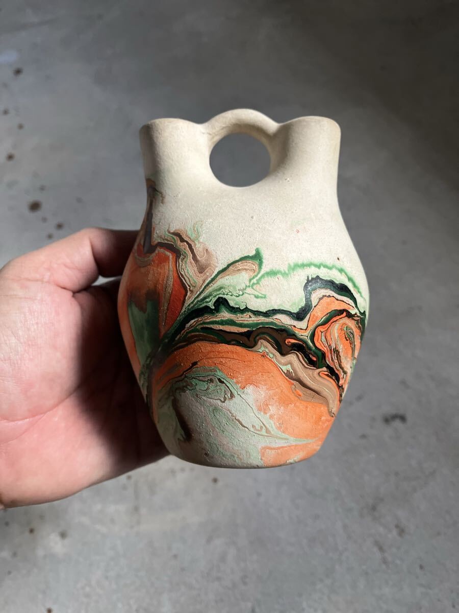 Nemadji Pottery Vintage Double Spout Wedding Vase Orange Green Swirl Small USA