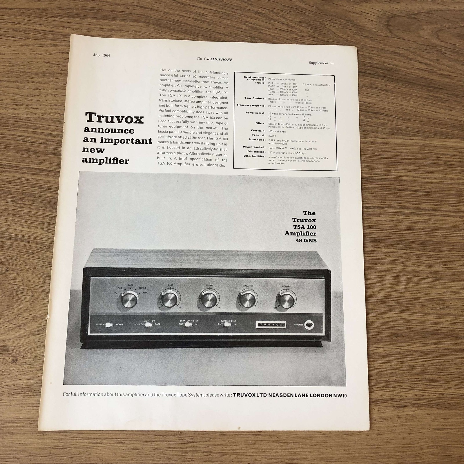 GRAM174 MAGAZINE ADVERT 11X8 TRUVOX TSA 100 AMPLIFIER