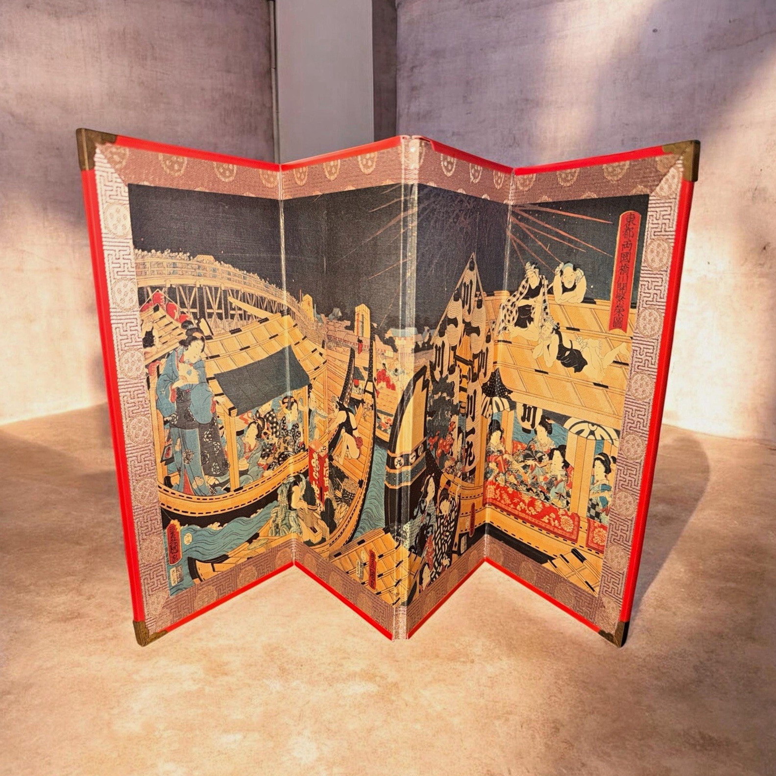 VTG Japanese Byobu Kunisada Ukiyo-e Textile 4 Panel Tabletop Folding Screen Box VTG Japanese Byobu Kunisada Ukiyo-e Textile 4 Panel Tabletop Folding Screen Box