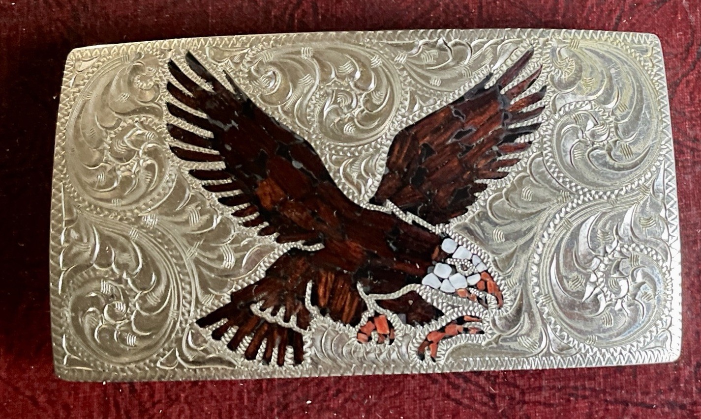 Vintage Hand Made Flying Eagle Enamel Inlay Western Belt Buckle 